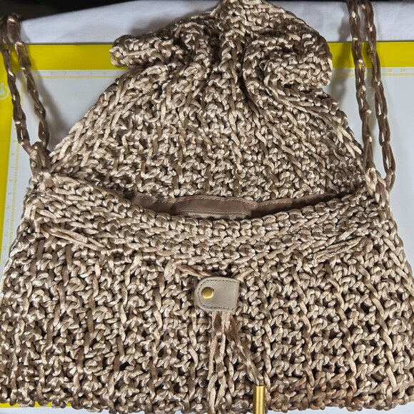 Vintage Jay by Sharif Woven Crochet Drawstring Shoulder Bag Beige Boho - Picture 2 of 7